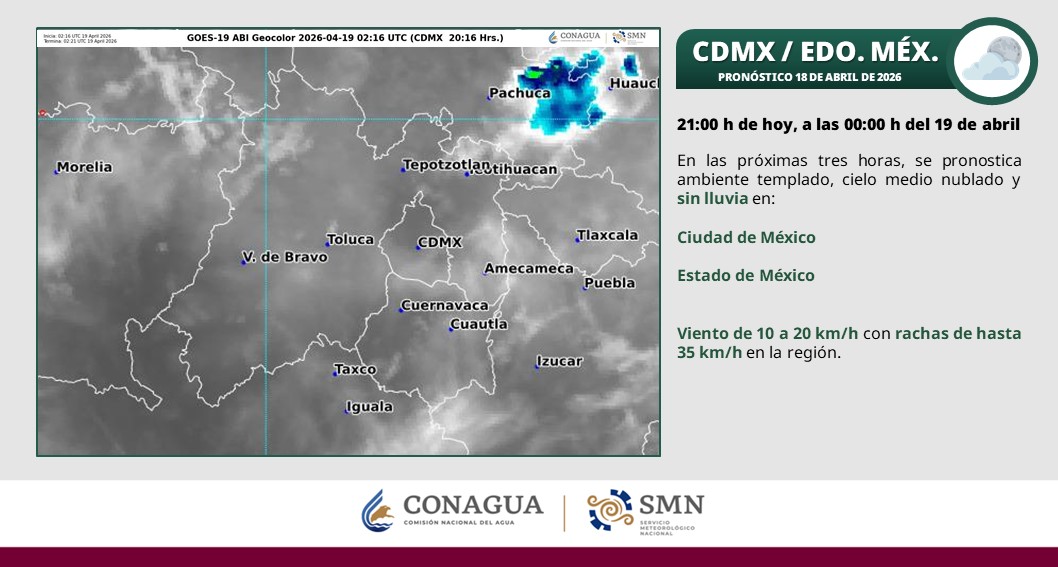 conagua_clima's tweet image. En las próximas horas se prevé tiempo estable y rachas de #Viento de hasta 40 km/h en la #CDMX y el #EdoMéx