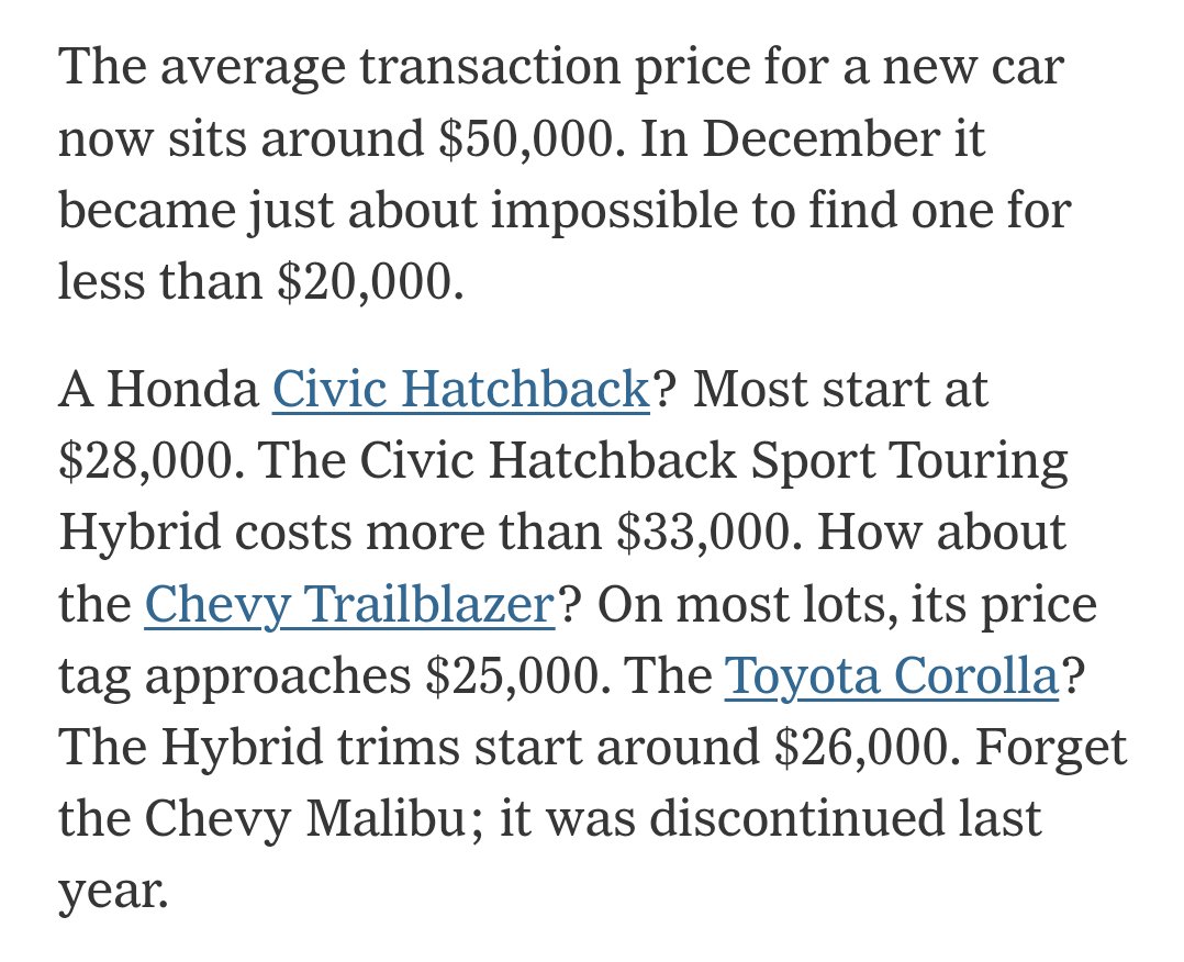 jmhorp's tweet photo. This is a very strange NYT op-ed. It starts out by lamenting that many entry-level cars are $25-30K today. Then it gets nostalgic about cars in the 1960s costing 1/3 of median family income 

1/3 of median family income today (2024) is over $35,000!

https://t.co/rJsK3Q62IT https://t.co/0LLNBf8qGQ