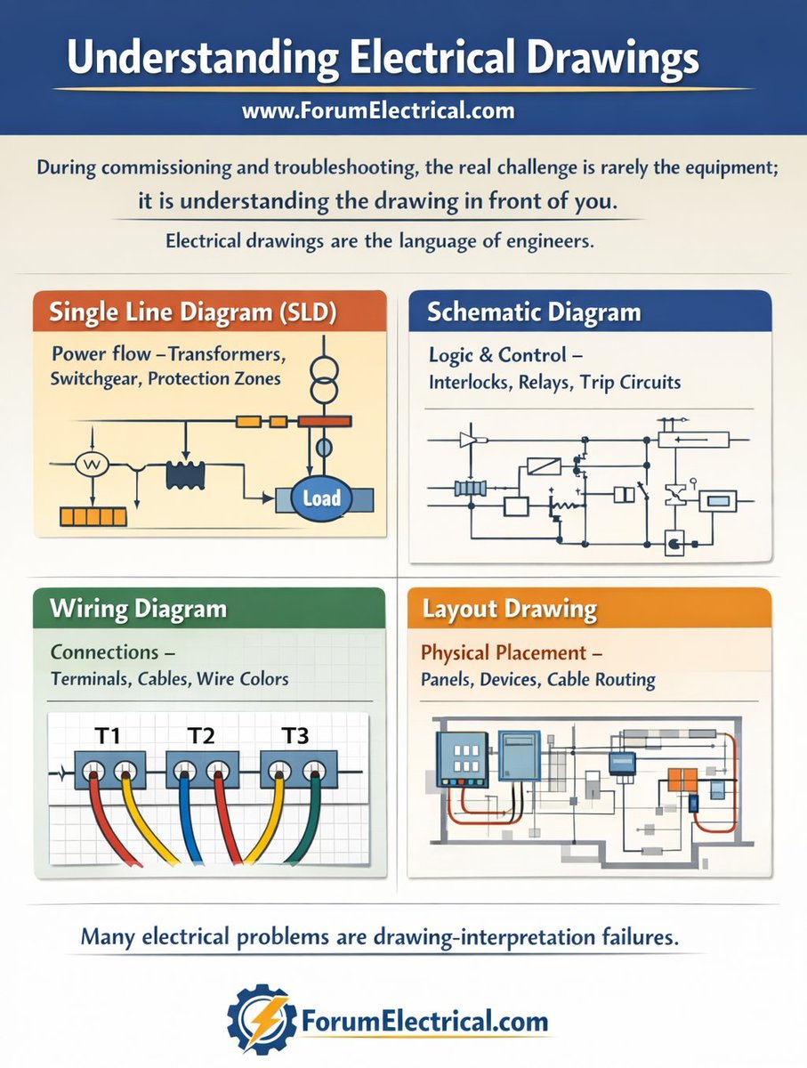 Rabert_infohe's tweet image. Understanding Electrical Drawings ForumElectrical.com

#Electrical #Engineering #drawing #SingleLineDiagram 

#Commissioning

#Substations

#PowerSystems

#Protection

#EngineeringSkills

#electrician