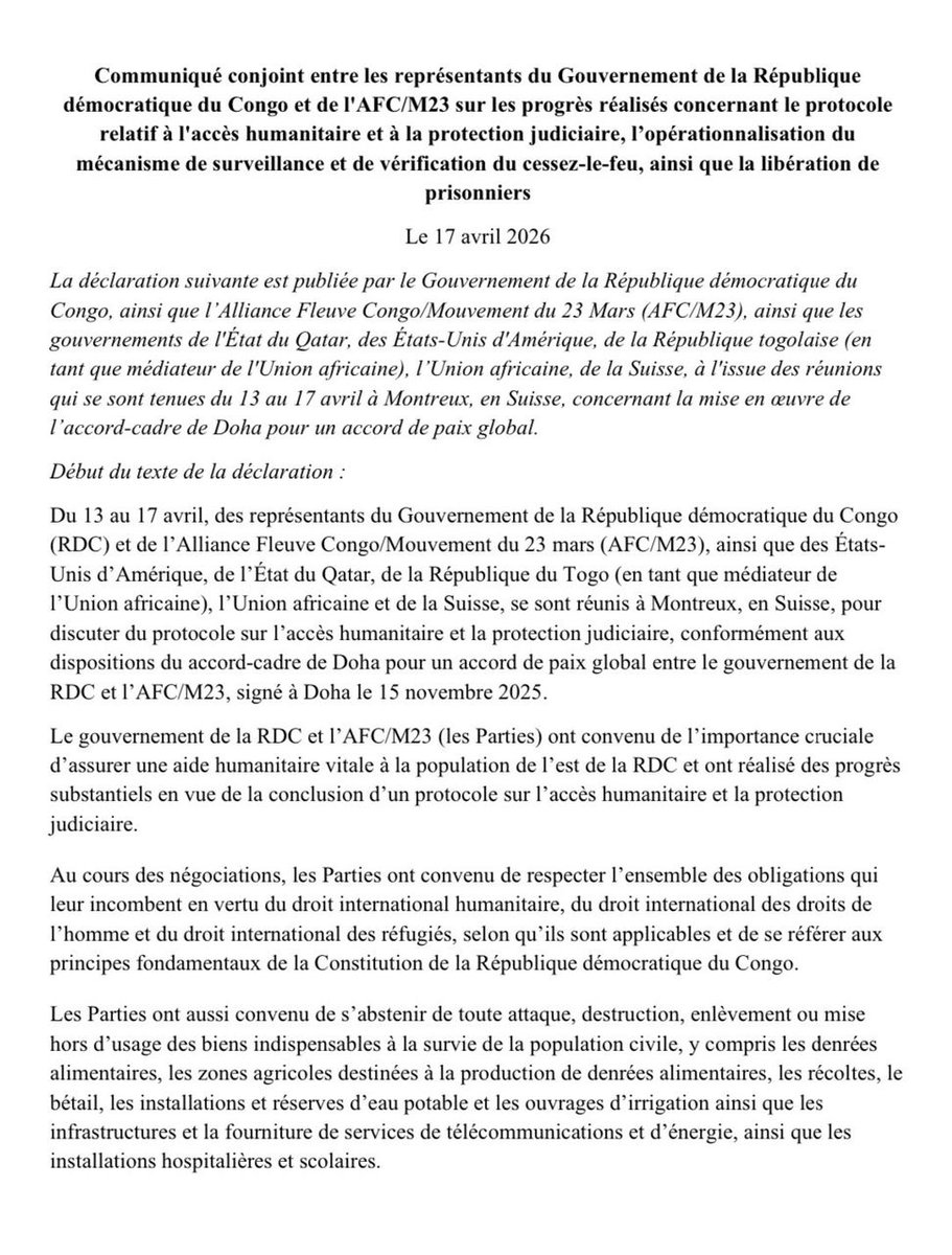 Ir_Pataoli's tweet photo. Sous l’égide du @Qatar et des @États-Unis, le président @fatshi13 Tshisekedi et son principal interlocuteur dans le processus de paix, @CNangaa Nangaa, sont convenus d’un ensemble de mesures de confiance visant à favoriser la désescalade du conflit.
Ces engagements comprennent, d’une part, la libération réciproque de détenus dans un délai de dix jours soit 311 prisonniers du côté de l’AFC/M23 et 166 du côté gouvernemental  et, d’autre part, la conclusion d’un accord relatif à l’accès humanitaire, signé en Suisse, destiné à garantir l’acheminement sécurisé de l’aide en faveur des populations affectées.
Cette dynamique s’inscrit dans les efforts diplomatiques en cours pour restaurer la confiance entre les parties prenantes et créer les conditions propices à un règlement durable de la crise sécuritaire dans l’Est de la République démocratique du Congo.@CNangaa @bbisimwa @afcongo @LawrenceKanyuka @PaulKagame @GeneralNeva @MofaQatar_FR @UEenRDC @MONUSCO @WilliamsRuto @KagutaMuseveni @realDonaldTrump @DSESANGA @Com_mediasRDC @TazamaFact @GouvNordKivu @Guy_Loando @unjhro @TazamaRDC_Infos @IsralMutombo11 @bembajp @juvenalmunubo @butondonzangi @radiookapi @ligodipatient @TinaSalama2 @wembi_steve @StanysBujakera @FannyKaj1 @AugustinKabuyaT @POTUS @MartinFayulu @TopCongo @Masboulos