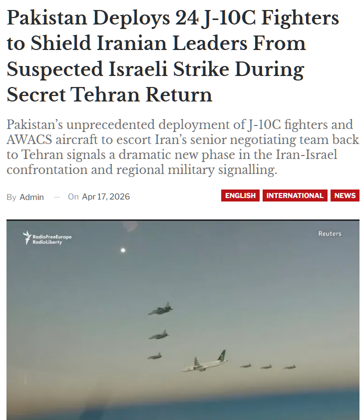 StarboySAR's tweet photo. Pakistan quietly did something huge 

To get Iran’s negotiators safely back to Tehran, it didn’t rely on “rules‑based order” — It launched ~24 Chinese‑built J‑10C fighters, AWACS and EW assets to cover the route 

Diplomacy now flies under Chinese radar, not Western guarantees

This is what multipolar security looks like in practice: non‑Western states using Chinese-built airpower to protect diplomacy from U.S.–Israeli escalation games, because Western “norms” no longer protect anyone
https://t.co/fpGrWYziOx