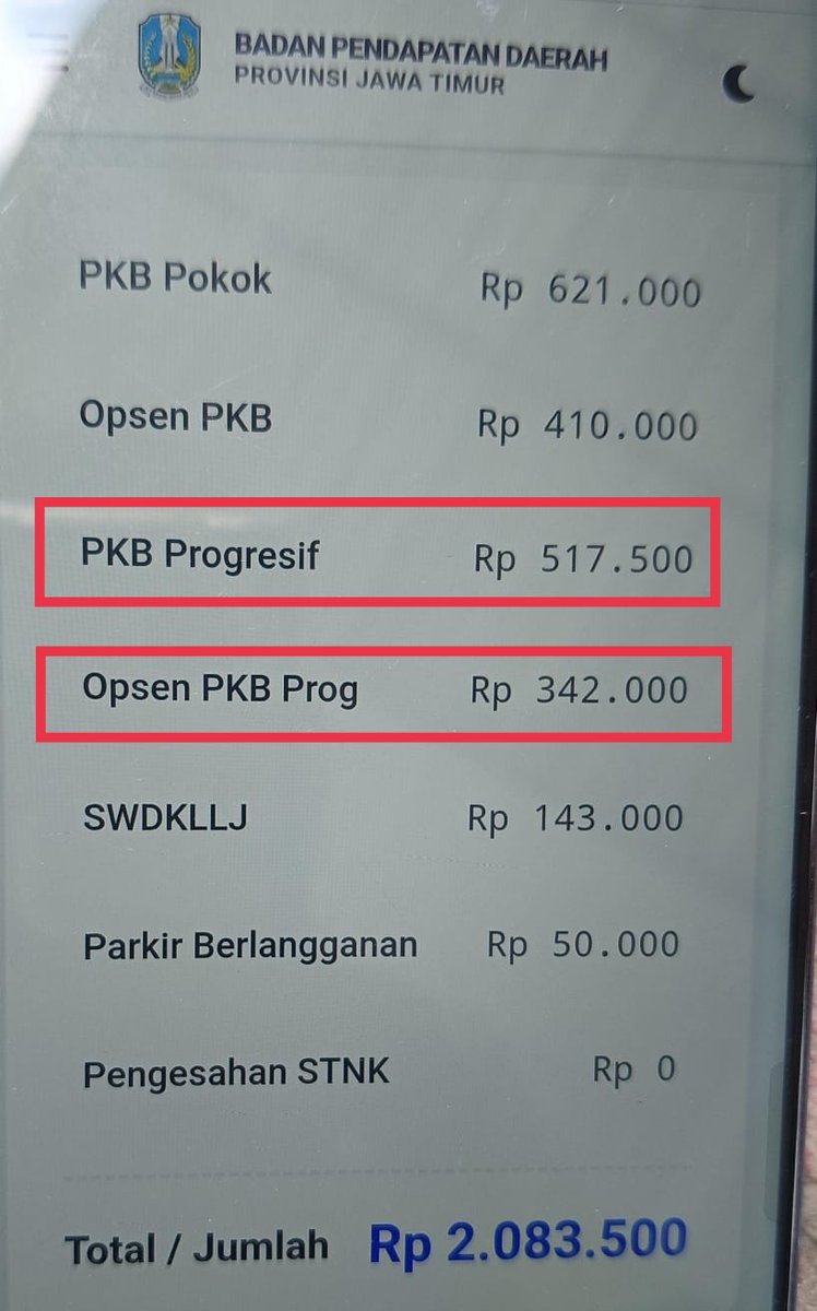 Pak <a href="/prabowo/">Prabowo Subianto</a> 
Ini Contoh Bukti Pajak Kendaraan Di Jatim Yang Memberatkan Rakyat Untuk Apa Pajak Kendaraan Ada Progresif 517.500, Opsen PKB Prog 342.000, Jika Normal Pajak Ini Habis 1.277.000 Karena Adanya Progresif Menjadi 2.083.500.