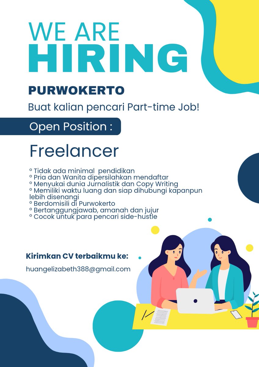 lightcrystalite's tweet photo. *OPEN RECRUITMENT PURWOKERTO*

Haii kalian pencari part-time job!!!

Ada tawaran kerjaan freelance nih buat kamu terutama yang cinta menulis dan jurnalistik.

- Syaratnya bisa di cek di pamflet di atas!

Yuk buruan kirimkan CV terbaikmu ke :
huangelizabeth388@gmail.com https://t.co/eiW42MohyX