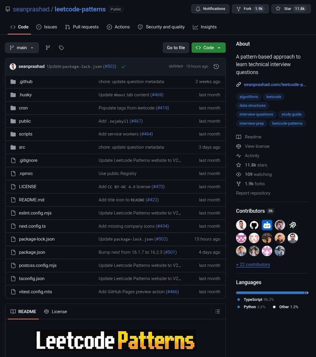 ai_explorer25's tweet photo. Someone dropped a goldmine on GitHub

A clean breakdown of LeetCode patterns all in one place

No more solving 600 random questions hoping something sticks

Just follow the patterns and get better with intent

Link: https://t.co/4nMqLquciW https://t.co/eyY5XSP6aH