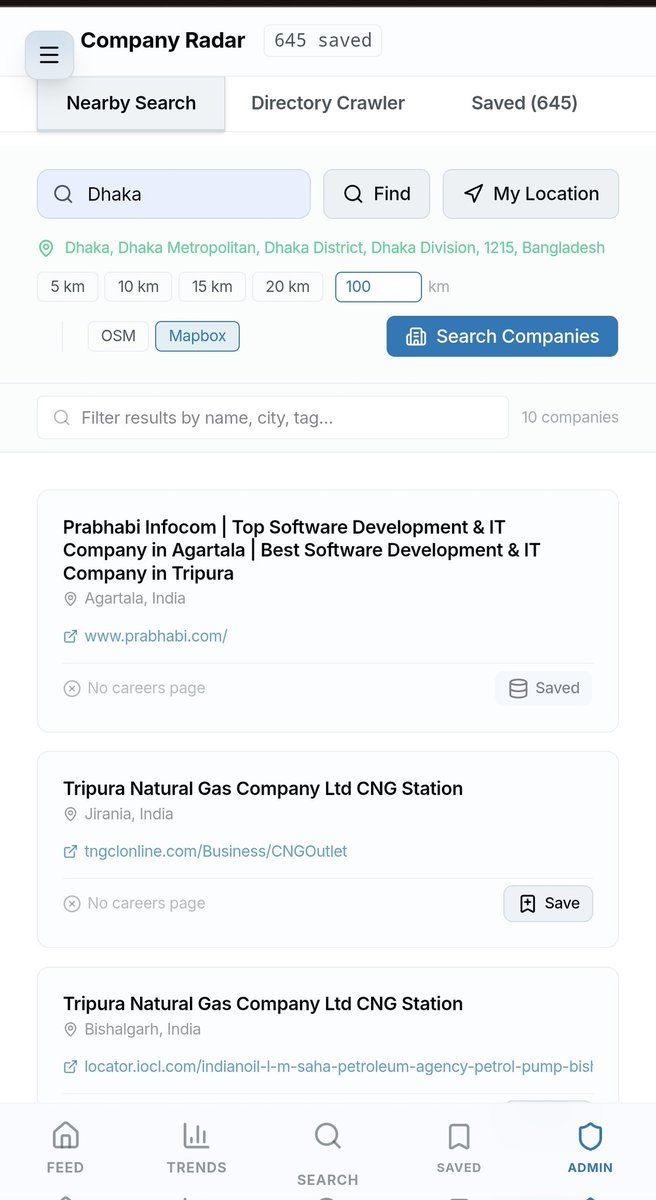 fazley111's tweet image. Shipped a map-based company search 🗺️
Pick a location + radius → get real businesses nearby.
Combines OpenStreetMap, and Mapbox into one clean list.
#Maps #BuildInPublic