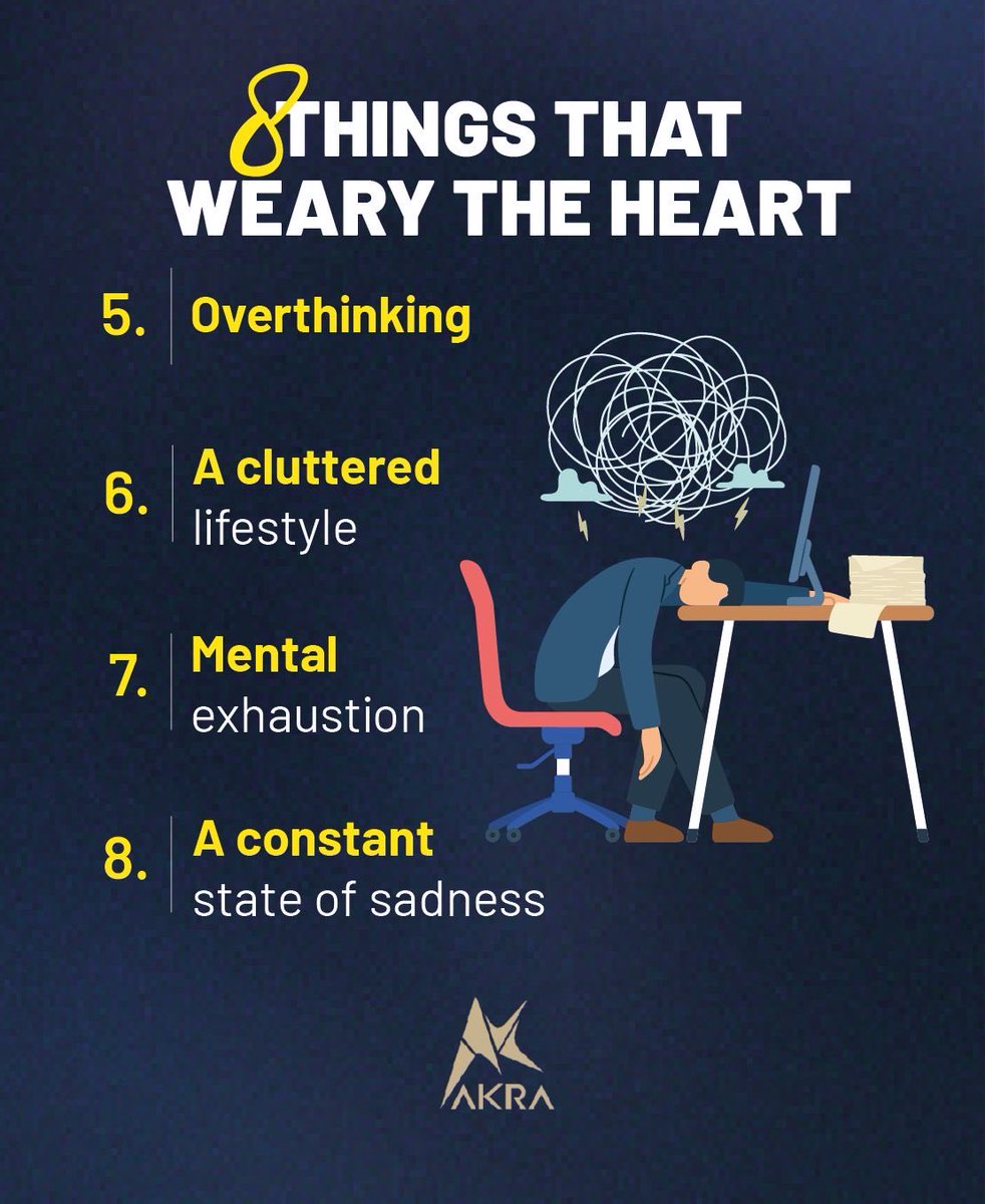 Akramedia_EN's tweet image. 8 THINGS THAT WEARY THE HEART

1. Excessive worldly anxieties
2. Unfinished tasks
3. Lusting with the eyes
4. Preoccupation with useless things
5. Overthinking
6. A cluttered lifestyle
7. Mental exhaustion
8. A constant state of sadness

#MentalHealthMatters #InnerPeace #mind