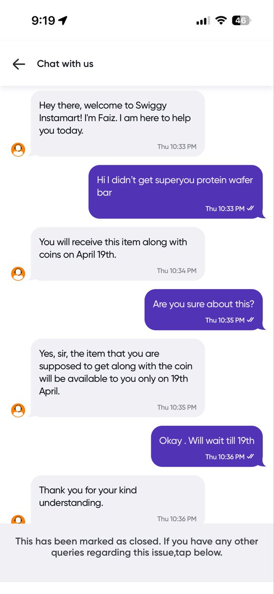 jitwit1998's tweet photo. @SwiggyCares @SwiggyTech @rohitisb @harshamjty @phanikishan @instamart_it @letsblinkit @ZeptoNow @jagograhakjago @aadit_palicha @albinder Also, @Swiggy @instamart_it @SwiggyCares didn’t even receive the SuperYou protein wafer bar. At least don’t lie to customers if you can’t deliver.  @nikunjbiyani https://t.co/Kwh8bqFEOu