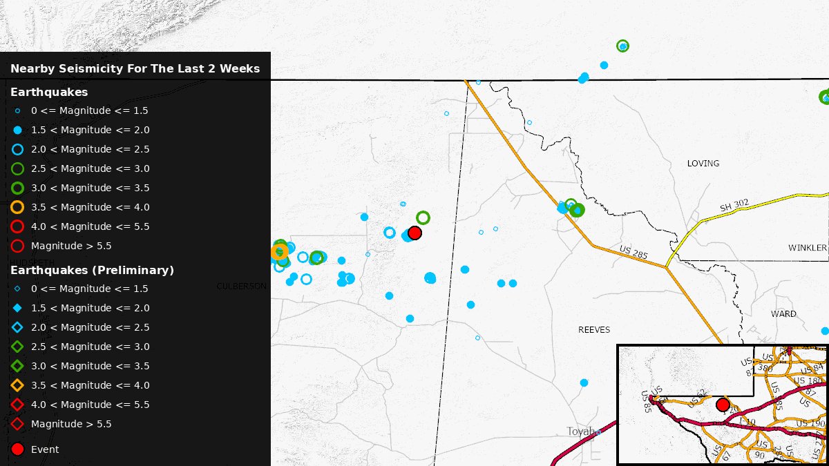TexNetQuake's tweet photo. 🚨#TexNet - Updated Info for M >= 3 Seismic Events in Texas🚨
Date: 2026-04-19 03:45:47 UTC
⏱️Local time: 2026-04-18  22:45:47
Mag: 3.3
Loc: Culberson County
Status: Final
📄More info: https://t.co/vcqFoMZC8X
#Earthquake #EarthquakeAlert #TXQuake https://t.co/AZhR4a6cZI