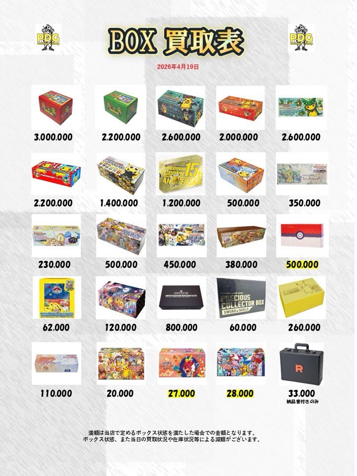 PDGcollectors_2's tweet image. 本日のBOX・絶版パック買取表になります❣
買取表以外のBOXやパックも高価買取🔥
本日もたくさんのお持ち込みお待ちしております！
 #BOX  #ポケカ  #秋葉原   #パック  #絶版  #未開封