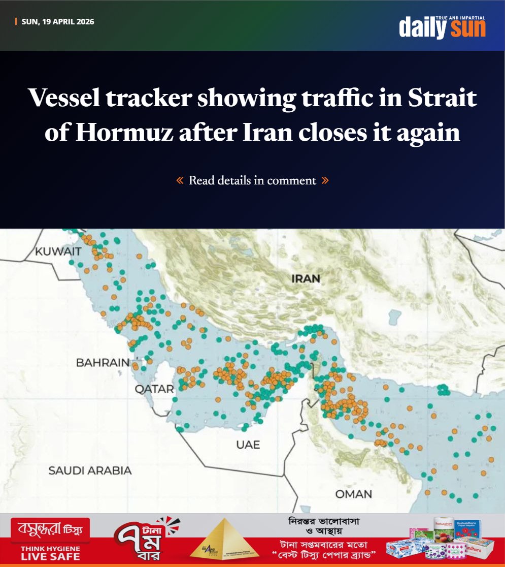 dailysunbd's tweet image. Vessel tracker is showing traffic in Strait of Hormuz, as Iran closes it again after temporarily reopening it.

#StraitOfHormuz #traffic #iran #Closed #DailySun

daily-sun.com/world/869686