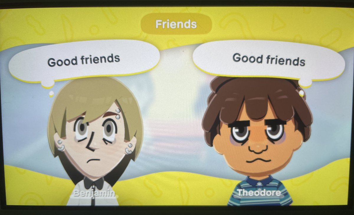 their miis
i need to get theo a better outfit but i think theyre cute
wish i could make the mouth face the other way……..