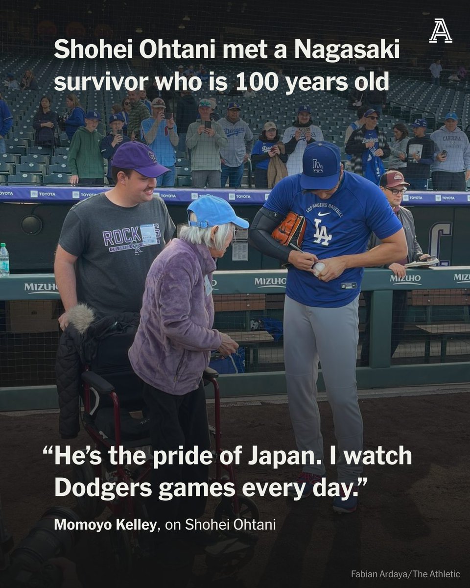 TheAthletic's tweet photo. Shohei Ohtani is a once-in-a-century player, so Momoyo Kelley wanted to wait for her opportunity for an autograph.

The 100-year-old Salt Lake City resident briefly met Ohtani before tonight's Dodgers-Rockies game saying it was “like a dream." https://t.co/hSTik1jtP5