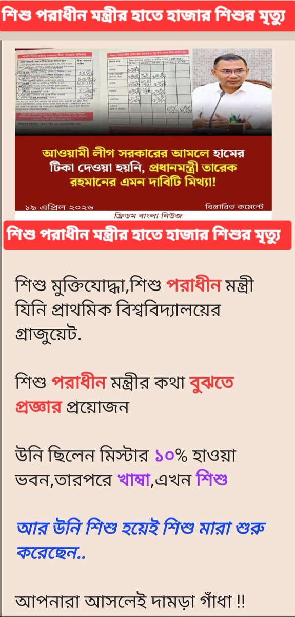 RafaeelReborn's tweet photo. শিশু পরাধীন মন্ত্রীর হাতে হাজার শিশুর মৃ/ত্যু
শিশু মুক্তিযোদ্ধা,শিশু পরাধীন মন্ত্রী যিনি প্রাথমিক বিশ্ববিদ্যালয়ের গ্রাজুয়েট.
উনি ছিলেন মিস্টার ১০% হাওয়া ভবন,তারপরে খাম্বা,এখন শিশু
আর উনি শিশু হয়েই শিশু মা/রা শুরু করেছেন..!
#Bangladesh #BNP #Pakistán
#Jmat #AwamiLeague https://t.co/GkhN7uGCyk