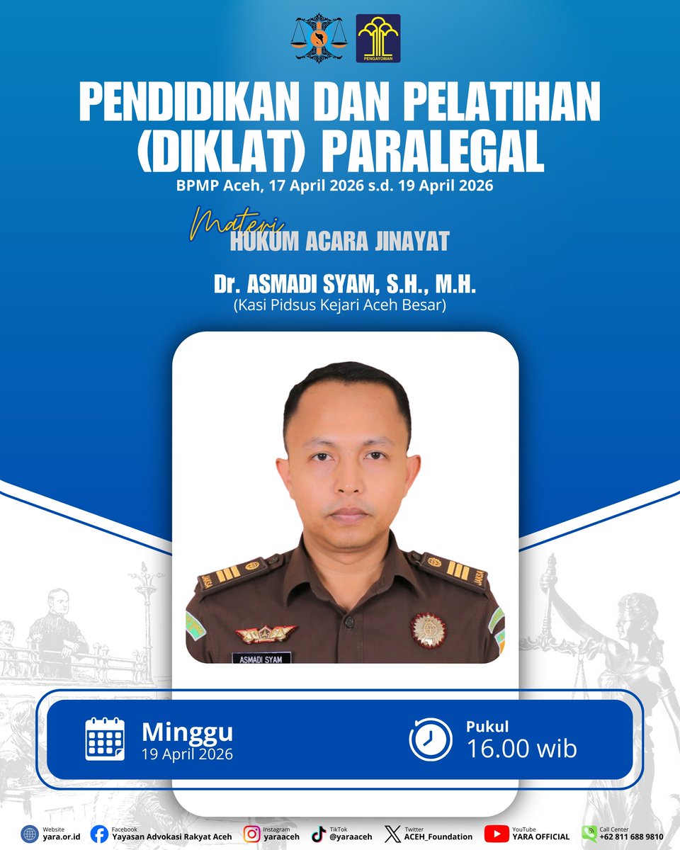 Pendidikan dan Pelatihan (Diklat) Paralegal Yayasan Advokasi Rakyat Aceh (YARA).

Hari ketiga, 19 April 2026.
Ruang Kelas Gedung BPMP Aceh.

#YARA #Aceh #diklat #paralegal #hukum #pendidikan #posbankum