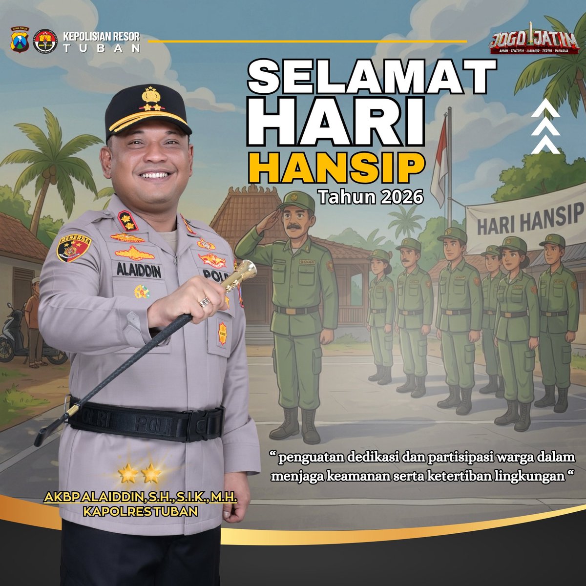Layartancap77's tweet image. Kapolres Tuban Mengucapkan Selamat Hari Hansip 

@DivHumas_Polri
@1polrestuban
@PolsekSenori
@bidhumas_jatim

#polisi #police #polisiviral #polisijatim #polri #polripresisi #polisiindonesia