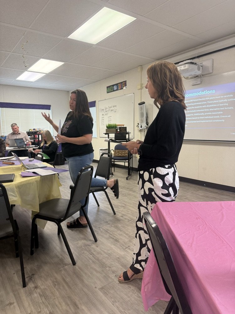 JulieCroy11's tweet photo. Mrs. Sanders and Mrs. Trujillo lead a CAASPP administration training to prepare our teachers for the upcoming state testing that students will take. #lvpride #weareBUSD https://t.co/Ug4xwmzuqJ
