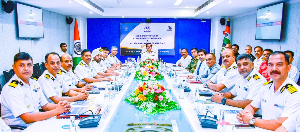 IndiaCoastGuard's tweet image. The XIXth District/ Station Commanders and XVIth Regional Works Conference was conducted on 17–18 Apr 26 at @IndiaCoastGuard Regional HQ (North West), #Gandhinagar, #Gujarat. Chaired by Inspector General Tekur Sashi Kumar, TM, #COMCG (NW), the two day conference reviewed