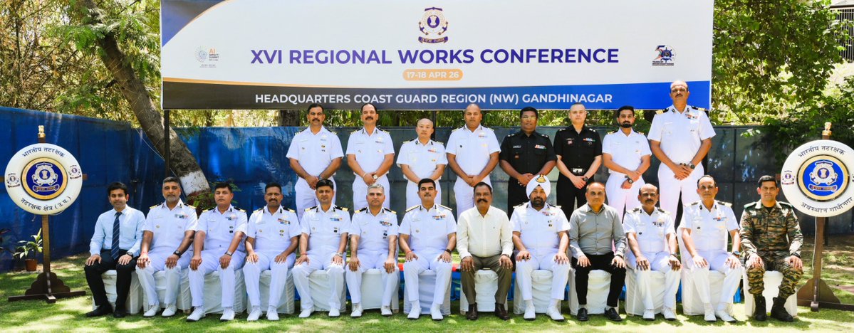 IndiaCoastGuard's tweet image. The XIXth District/ Station Commanders and XVIth Regional Works Conference was conducted on 17–18 Apr 26 at @IndiaCoastGuard Regional HQ (North West), #Gandhinagar, #Gujarat. Chaired by Inspector General Tekur Sashi Kumar, TM, #COMCG (NW), the two day conference reviewed