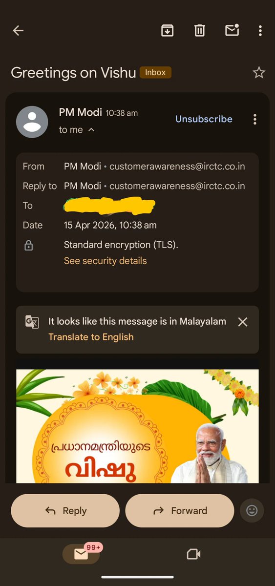 AAbblas's tweet photo. Recently I got a mail From Pm Modi 
when I look closely it's really from irctc

how many of you got this mail 

Comment your thoughts 

#india
#pmmodi
#irctc
#digitalindia https://t.co/SsUcQbxIKy