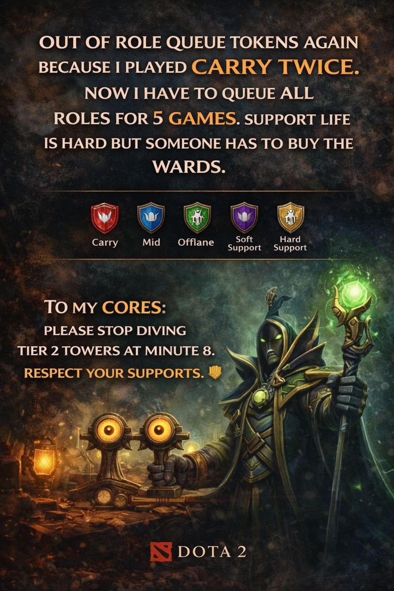 RhiderX's tweet image. Out of role queue tokens again because I played carry twice. Now I have to queue all roles for 5 games. Support life is hard but someone has to buy the wards. To my cores: please stop diving tier 2 towers at minute 8. Respect your supports. 🛡️ @4uaicrypto #Dota2 #RoleQueue Dota 2