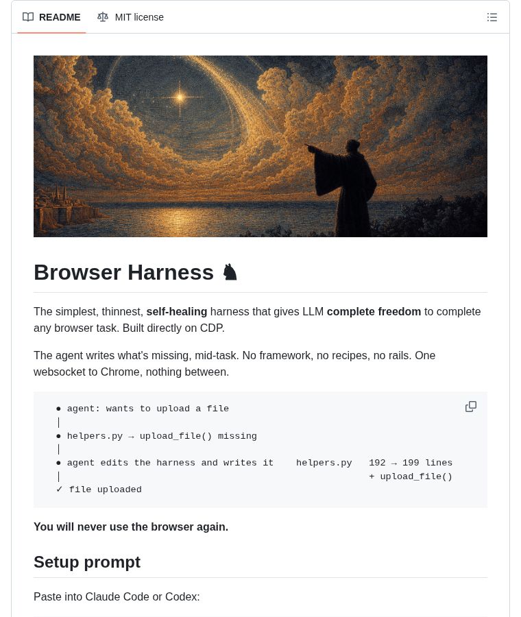 chenzeling4's tweet image. This repo feels like a cheat code for browser automation. 🛠️

Browser Harness: self-healing harness giving LLMs browser control via CDP. Agent writes missing helper functions mid-task. ~592 lines of Python. No framework, no rails.

⭐ 578
#AI #Browser #DevTools