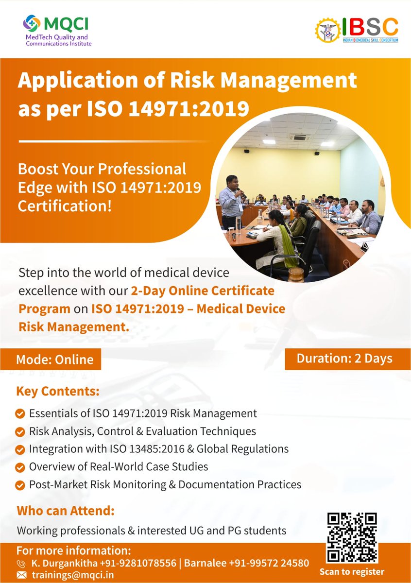 MQCI_info's tweet photo. ✨Risk management is critical in the #medical device industry - master it with confidence !

🟦Join #MQCI’s 2-Day Online Certificate Program on ISO 14971:2019   I   📅 29–30 April

✨Learn through practical, industry-focused insights.

#RiskManagement #MedTech #MedicalDevices https://t.co/W81udv3pEg