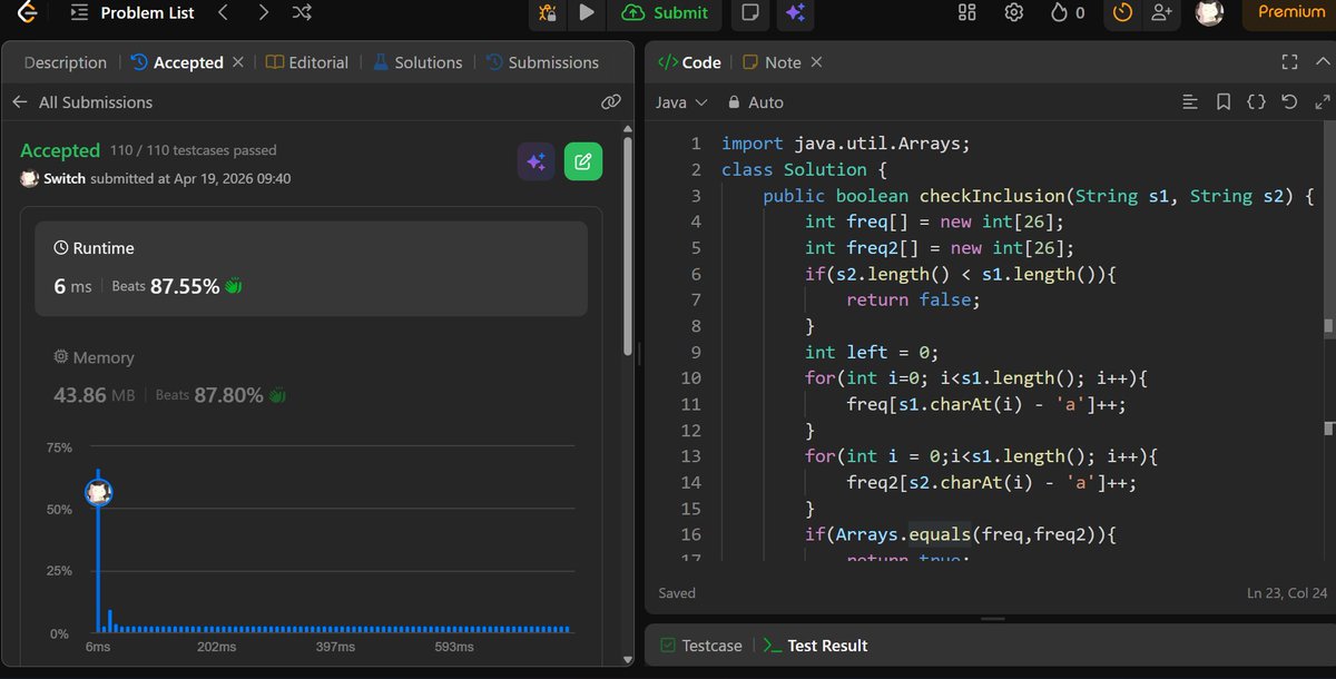 SuchithH33674's tweet image. Day 52/50 🚀

Solved Permutation in String. Reinforced the fixed-size sliding window technique with character frequency tracking to efficiently detect permutations in O(n) time.

#LearningInPublic #DSA #SlidingWindow #Strings #Consistency 🚀