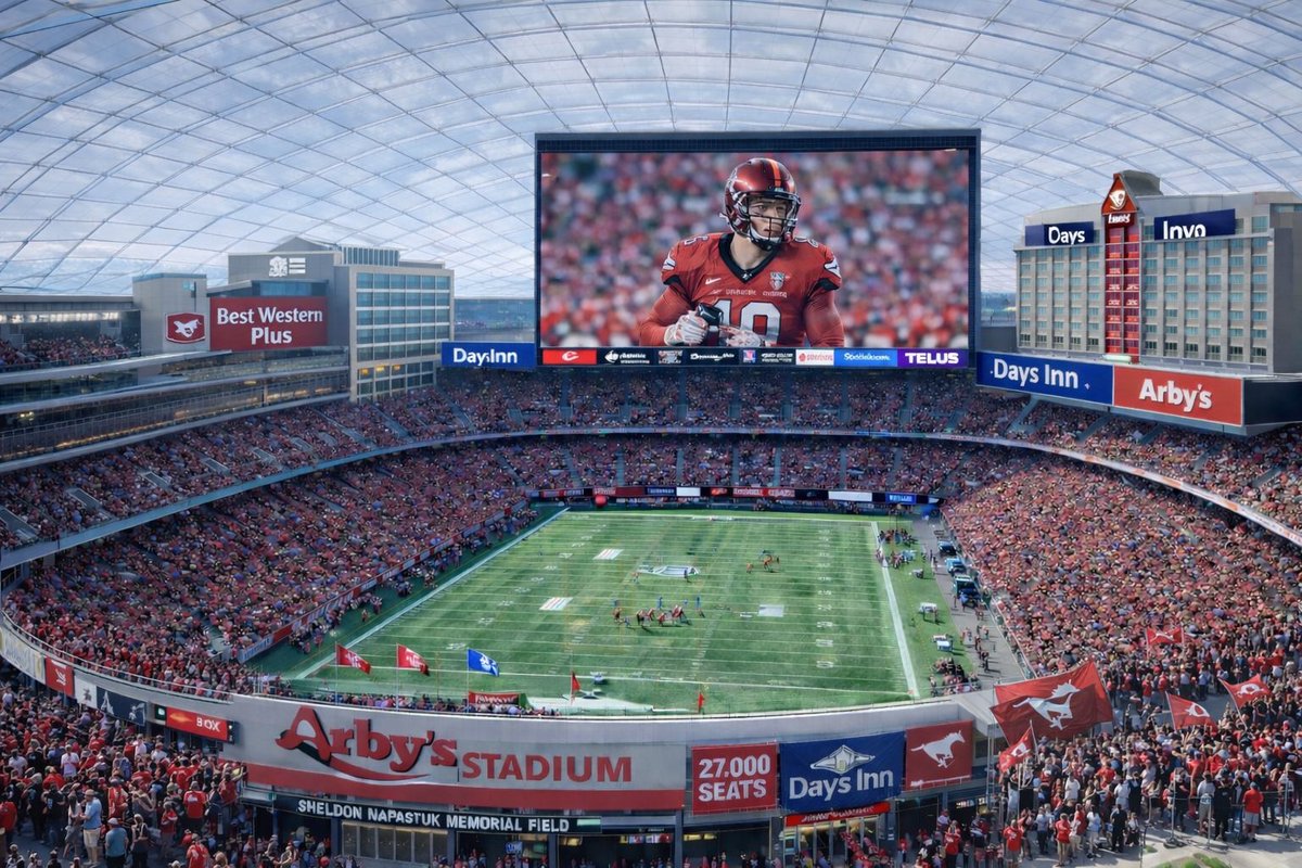 CFLLATENEWS's tweet image. After a fourth consultation and a (pending) very large increase in budget - the new Arby's Stadium has been updated.

Ok.

An additional hotel, an Arby's restaurant plus a fuckin glass roof covering the whole bitch have been added.

#Calgary