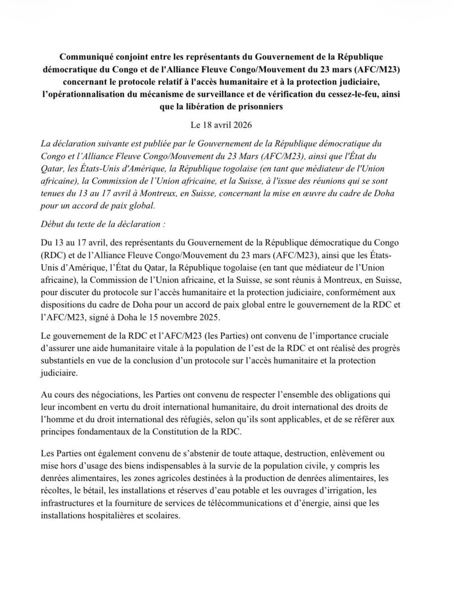atexatembone's tweet photo. RDC/SUISSE 

Protocole d’accord sur 4 points entre la RDC et les occupants. 
1. FACILITER LA LIBRE CIRCULATION DE HUMANITAIRE 
2. LIBÉRATION DES PRISONNIERS DANS 10 JOURS 
3. VÉRIFICATION DU MÉCANISME DE CESSEZ-LE-FEU. 

A.A. https://t.co/tY4Fmj5aZy
