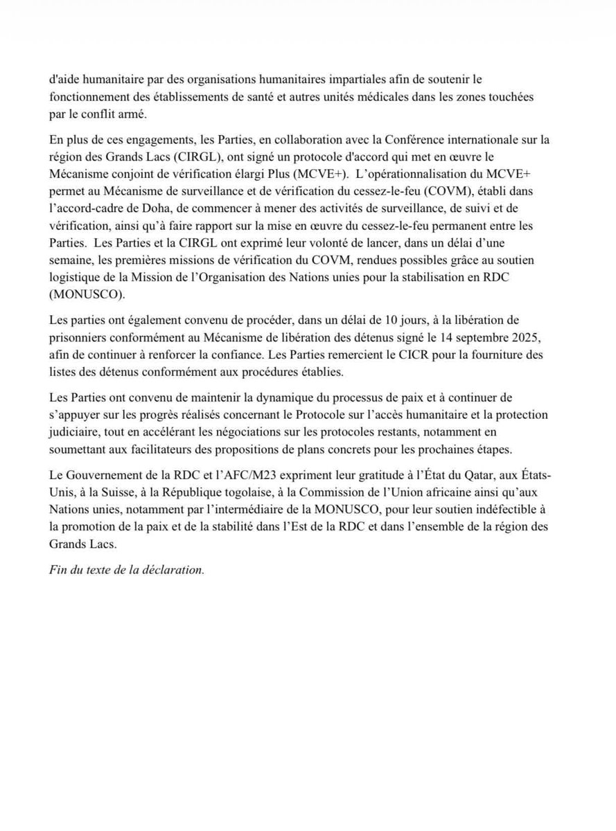 atexatembone's tweet photo. RDC/SUISSE 

Protocole d’accord sur 4 points entre la RDC et les occupants. 
1. FACILITER LA LIBRE CIRCULATION DE HUMANITAIRE 
2. LIBÉRATION DES PRISONNIERS DANS 10 JOURS 
3. VÉRIFICATION DU MÉCANISME DE CESSEZ-LE-FEU. 

A.A. https://t.co/tY4Fmj5aZy