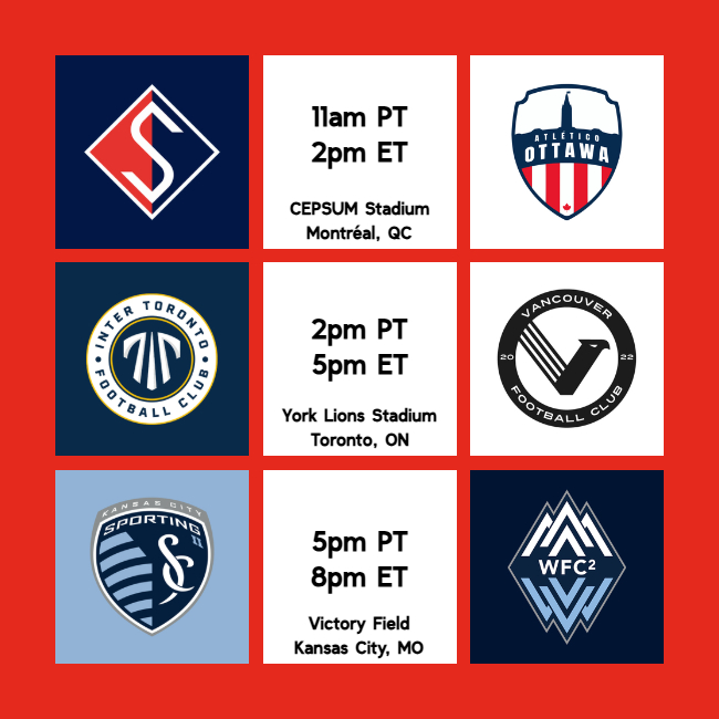CanadianFootie's tweet image. MATCHDAY

CPL - @fcsupraquebec 🆚 @atletiOttawa at 11am PT / 2pm ET

CPL - @inter__toronto 🆚 @vanfootballclub at 2pm PT / 5pm ET

MLSNP - @SportingKCII 🆚 @wfc2 at 5pm PT / 8pm ET

#CanPL #ÀNOUS #ForOttawa #TogetherToronto #ValleyIsHome #MLSNEXTPro #VWFC #WFC2