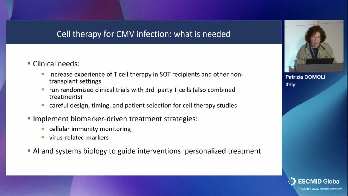 HematoRules's tweet image. Patrizia Comoli #ESCMIDGlobal2026
Cell therapies for viral infections! #CMV #EBV 

Still a challenging work field but very interesting and promising 

To Improve immune reconstitution is the key for #HSCT Patients 

GvHD, CRS, organic damage… complications to keep in mind