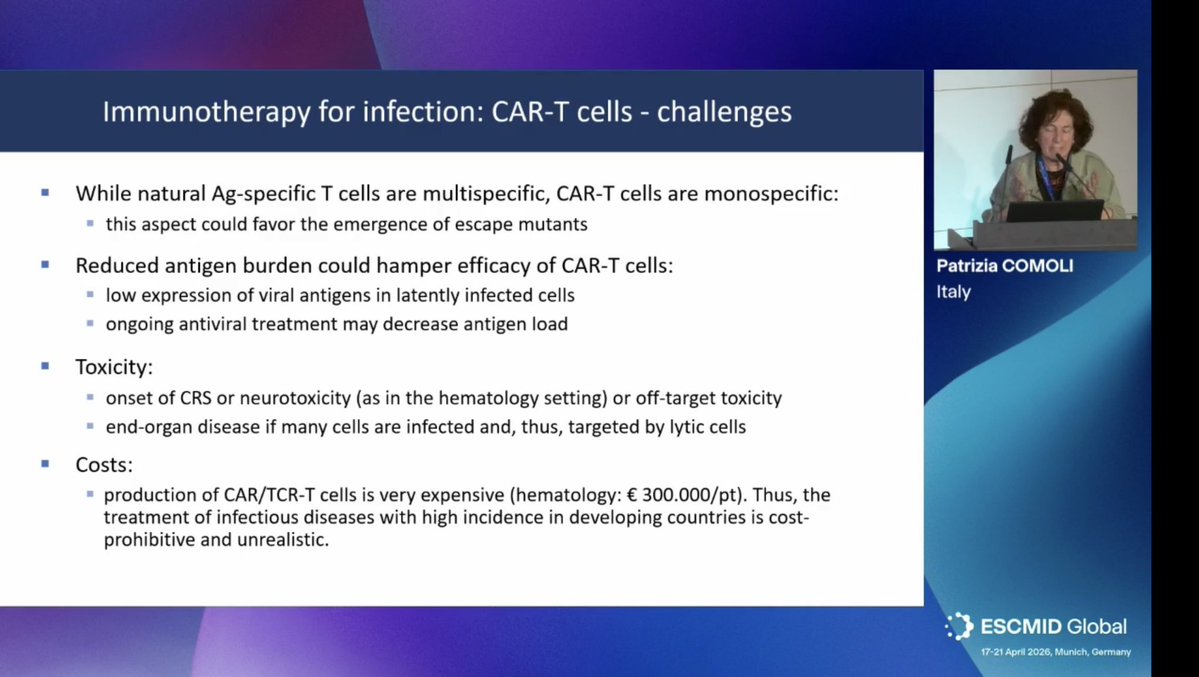 HematoRules's tweet image. Patrizia Comoli #ESCMIDGlobal2026
Cell therapies for viral infections! #CMV #EBV 

Still a challenging work field but very interesting and promising 

To Improve immune reconstitution is the key for #HSCT Patients 

GvHD, CRS, organic damage… complications to keep in mind