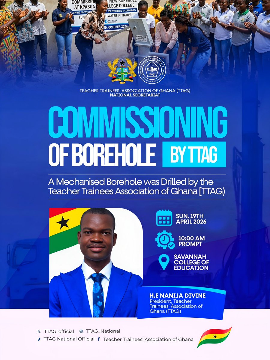 𝐇𝐚𝐩𝐩𝐞𝐧𝐢𝐧𝐠 𝐓𝐨𝐝𝐚𝐲! 💧🇬🇭
𝐉𝐨𝐢𝐧 𝐮𝐬 𝐚𝐭 𝐒𝐚𝐯𝐚𝐧𝐧𝐚𝐡 𝐂𝐨𝐥𝐥𝐞𝐠𝐞 𝐨𝐟 𝐄𝐝𝐮𝐜𝐚𝐭𝐢𝐨𝐧 𝐚𝐭 𝟏𝟎:𝟎𝟎 𝐀𝐌 𝐟𝐨𝐫 𝐭𝐡𝐞 𝐜𝐨𝐦𝐦𝐢𝐬𝐬𝐢𝐨𝐧𝐢𝐧𝐠 𝐨𝐟 𝐚 𝐦𝐞𝐜𝐡𝐚𝐧𝐢𝐬𝐞𝐝 𝐛𝐨𝐫𝐞𝐡𝐨𝐥𝐞

#TTAG #CommunityImpact #TeacherTraineesAtHeart