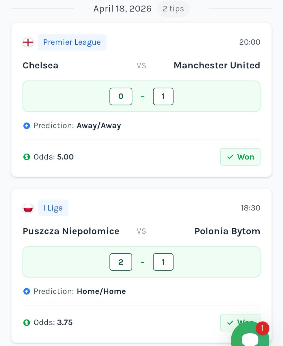 Bettrixapp's tweet photo. Two strong calls, two clean hits 💰

Chelsea vs Man United ✅ Away/Away @ 5.00
Puszcza vs Polonia Bytom ✅ Home/Home @ 3.75

That’s how you turn value into results. No guesswork, just sharp picks. 📈 https://t.co/UcZoxBzYEn