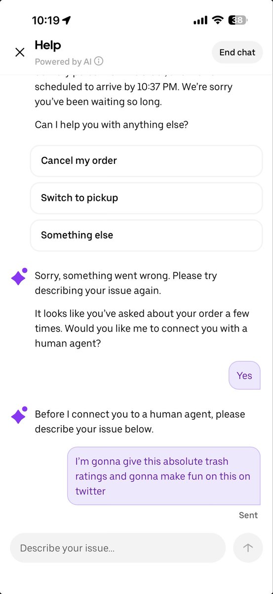 Advait2430's tweet photo. @UberEats throw away the stupid AI chatbot in help section.  AI DOESN’T belong everywhere!!!!! https://t.co/LbFK4Aj32q