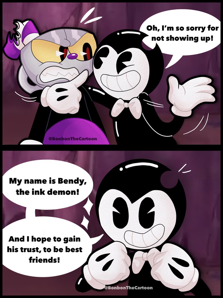 bonbon_cartoon's tweet image. Bendy en cuphead 
#batim #cuphead #mugman #mschalice