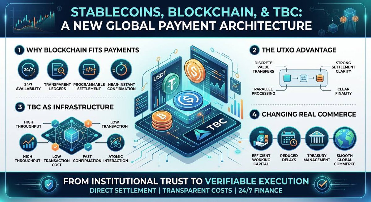 ⚡ Stablecoins, Blockchain, and TBC: A New Architecture for Global Payments
If the old cross-border payment system is defined by intermediaries, delay, and opacity, then the new model is being defined by three different principles:
always-on settlement,
low-cost transfer,
and