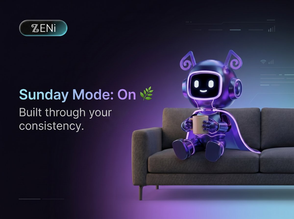 ZENi_io's tweet image. Sunday is a good time to reflect. 🌿

Take a moment to look at what you’ve built on ZENi this week.
Your progress keeps growing  just like your $ZEN1 rewards.

#ZENi #AI #Web3
