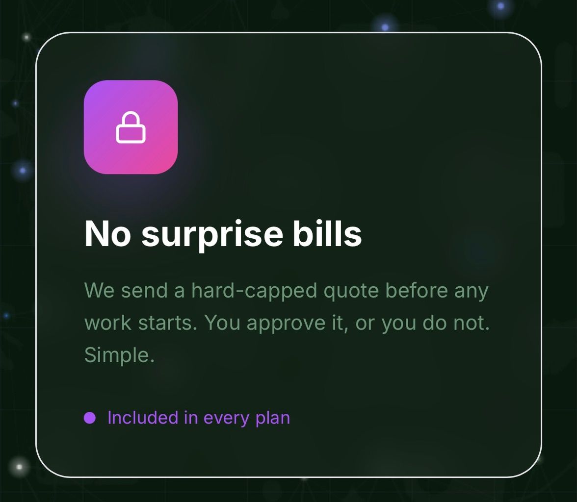 thevoidapps's tweet photo. Hate surprise bills? 💸 We provide fixed-price quotes via our portal: £30/1hr, £135/5hrs, £250/10hrs. We even build your site for free with a 3-month Safety Net warranty. Simple, jargon-free support for UK SMEs. 🛠️ #WebsiteMaintenance https://t.co/HInXMOJg3Z