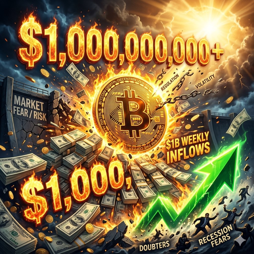 TheBitcoin__'s tweet image. Spot Bitcoin ETFs attracted nearly $1 billion in weekly inflows. The improvement in risk sentiment and lower inflation could lead to a higher demand for risk assets like bitcoin. #bitcoin #ETFs #cryptocurrency #investing