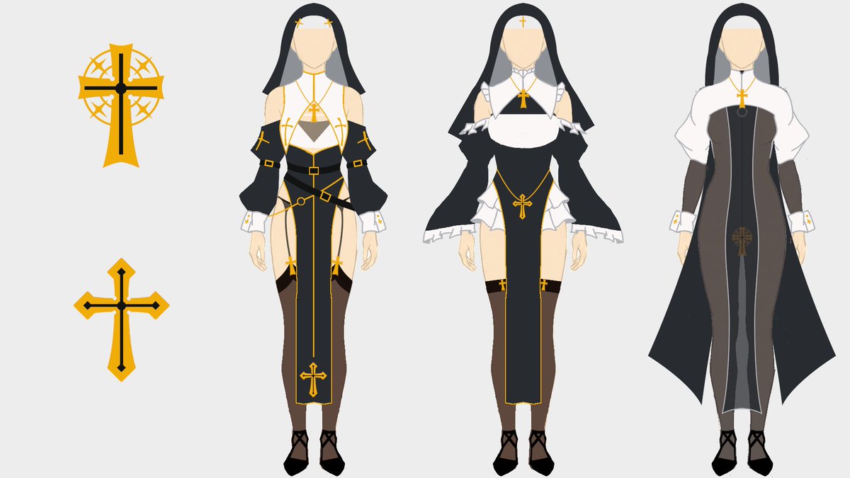 GW中に作ろうと思うシスター服の図案が出来た。結局AIに描かせるよりも自前で描いた方がイメージが固まるしなぁ。ディテールアップには使えるかなぁ。 てか今までのを流用するにしてもGW中でいけるかぁ？去年みたいにロスタイム発生しそう…