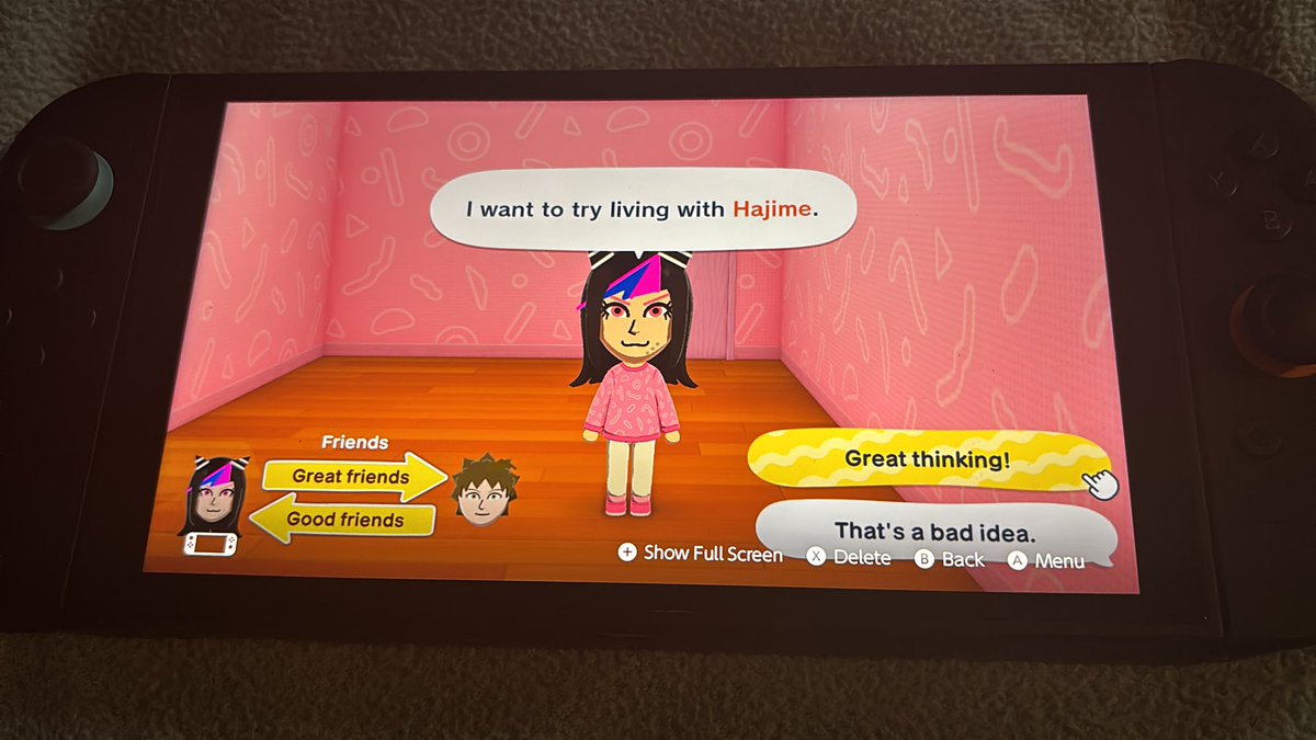 hi <a href="/CHISALOVEBOT/">Ragan</a> i just want you to know that my tomodachi life savefile is IMMEDIATELY trying to make hinabuki a thing and i love it