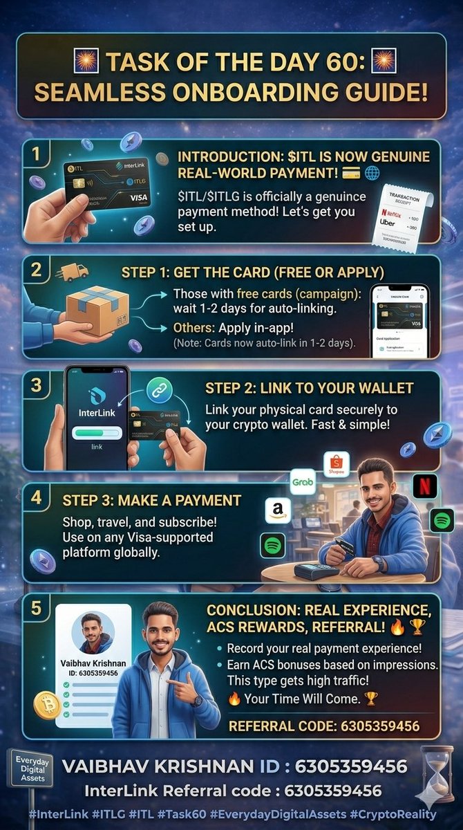 KrishnanVa32629's tweet photo. 🚀 Task 60 is LIVE!
$ITL / $ITLG = Real payments now 💳
✔️ Get card
✔️ Link wallet
✔️ Pay anywhere Visa works
🔥 Share experience = Earn rewards
🏆 High impressions = More ACS
Referral: 6305359456
#InterLink #ITLG #ITL #Crypto #Web3 #ITL #Task60 https://t.co/aWVEzavU2S
