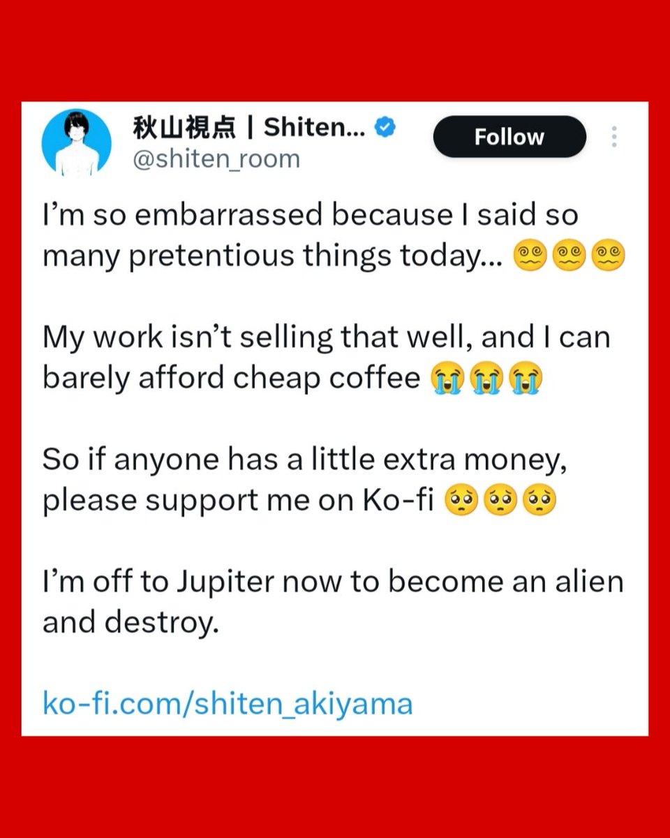 THE MANGAKA WITH THE BIGGEST HEART NEEDS SUPPORT 💔

“My work isn’t selling well… I can barely afford a cheap coffee. I feel ashamed.”

This was said by Shiten Akiyama , creator of "Horizon" .

He even translated his own manga into Spanish and uploaded it himself on Mangadex, so