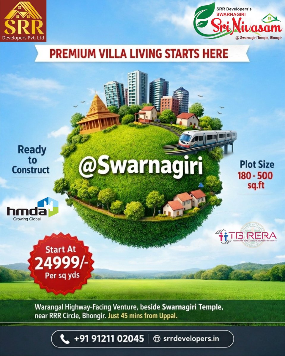 srrdeveloper's tweet image. Experience premium villa living at Swarnagiri, Bhuvanagiri – a perfect blend of nature, connectivity, and future growth. 
#Swarnagiri #SRRDevelopers #VillaPlots #PremiumLiving #HMDAApproved #TSRERA 
Swarnagiri villa plots, Bhongir villa plots, HMDA plots near Bhongir