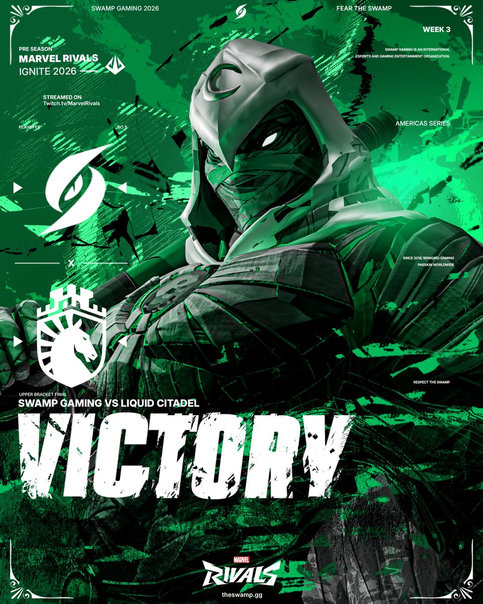 SwampGaming's tweet photo. The Fortress has been stormed.

Swamp Gaming claims their spot in GRAND FINALS after today's 3-2 win vs. @TeamLiquid @CitadelCTG . GGs.

#FearTheSwamp🐊 #MarvelRivals https://t.co/jbSvGV1UOn