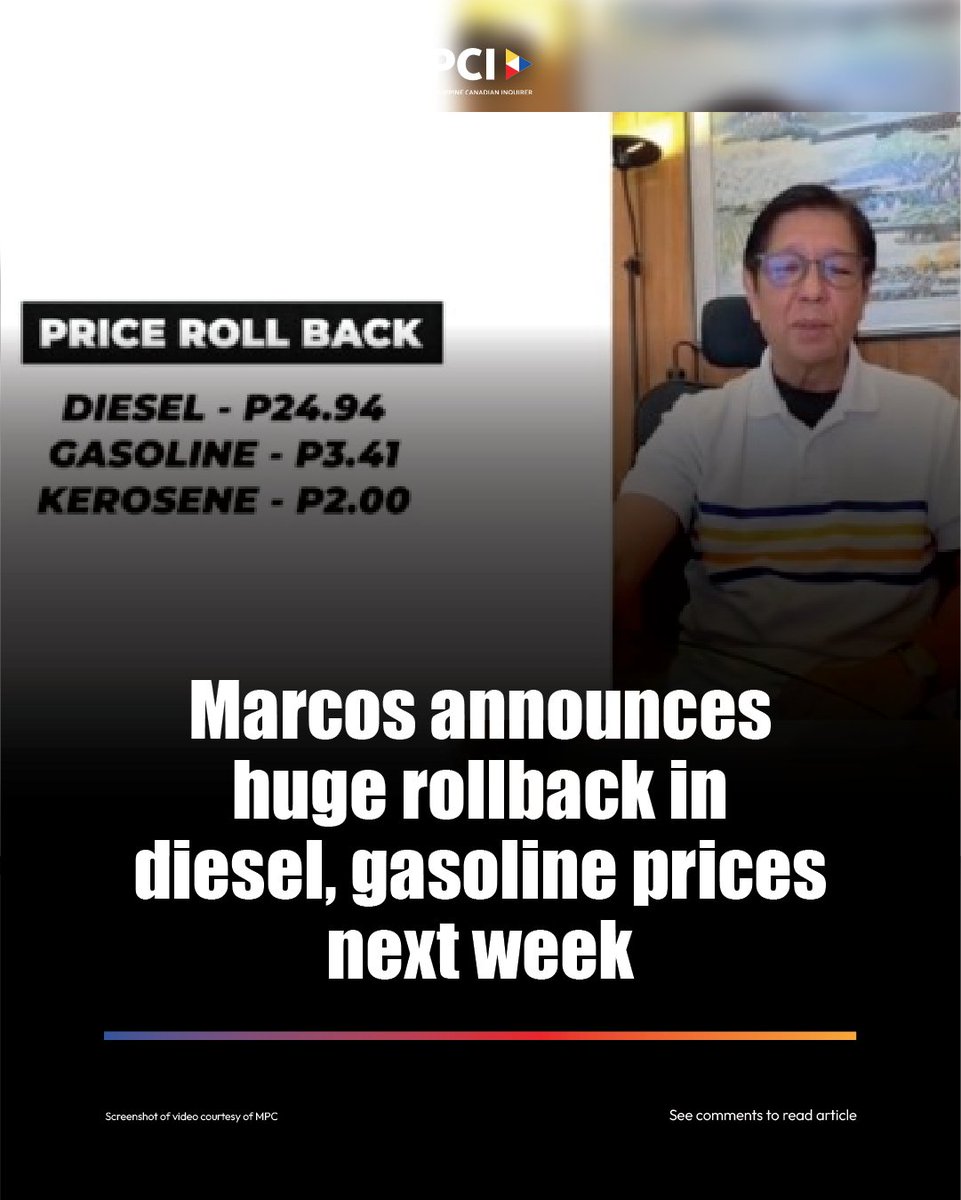 PCInews_X's tweet image. 🇵🇭 READ  |  Motorists can expect respite in the coming days, President Ferdinand R. Marcos Jr. said on Saturday, as he announced a huge price rollback of PHP24.94 per liter for diesel, PHP3.41 for gasoline, and PHP2 for kerosene next week.

#PCINews #Philippines #PBBM