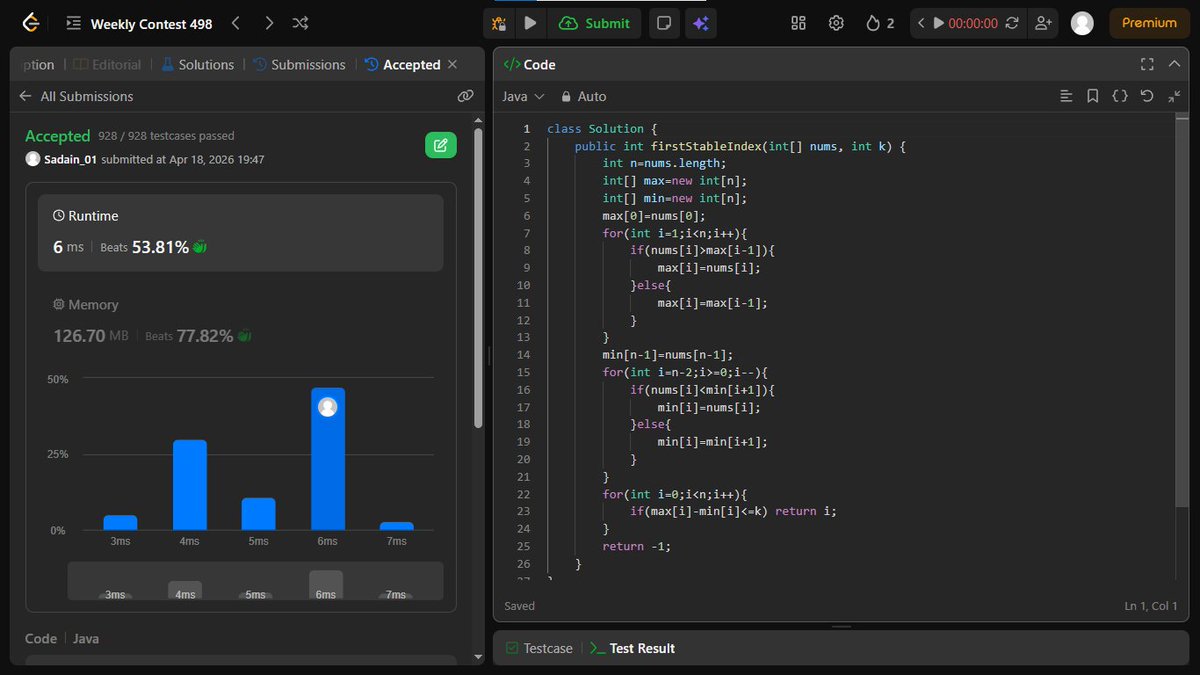 Jimmy8812840801's tweet image. #LeetCode #WeeklyContest 498 Q1 and Q2
Approach-&amp;gt;Prefix Max + Suffix Min (Range Validation)
TC-&amp;gt;O(n)
SC-&amp;gt;O(n)