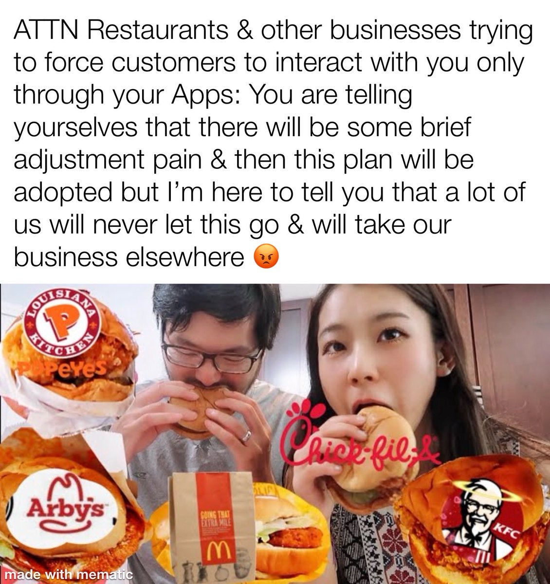 ObesitySherpa's tweet photo. I used to drive 12 miles round trip to get @arbys &amp; 80 for @popeyes 

Now there’s an Arby’s less than a mile from my home &amp; a Popeye’s less than 4 but I rarely eat at either of them because they try to force me to order through their apps to get their posted deals &amp; offers 🤬 https://t.co/XGTeDELbhN